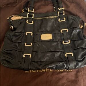Michael Kors Black Leather Shoulder Bag with Gold Accents